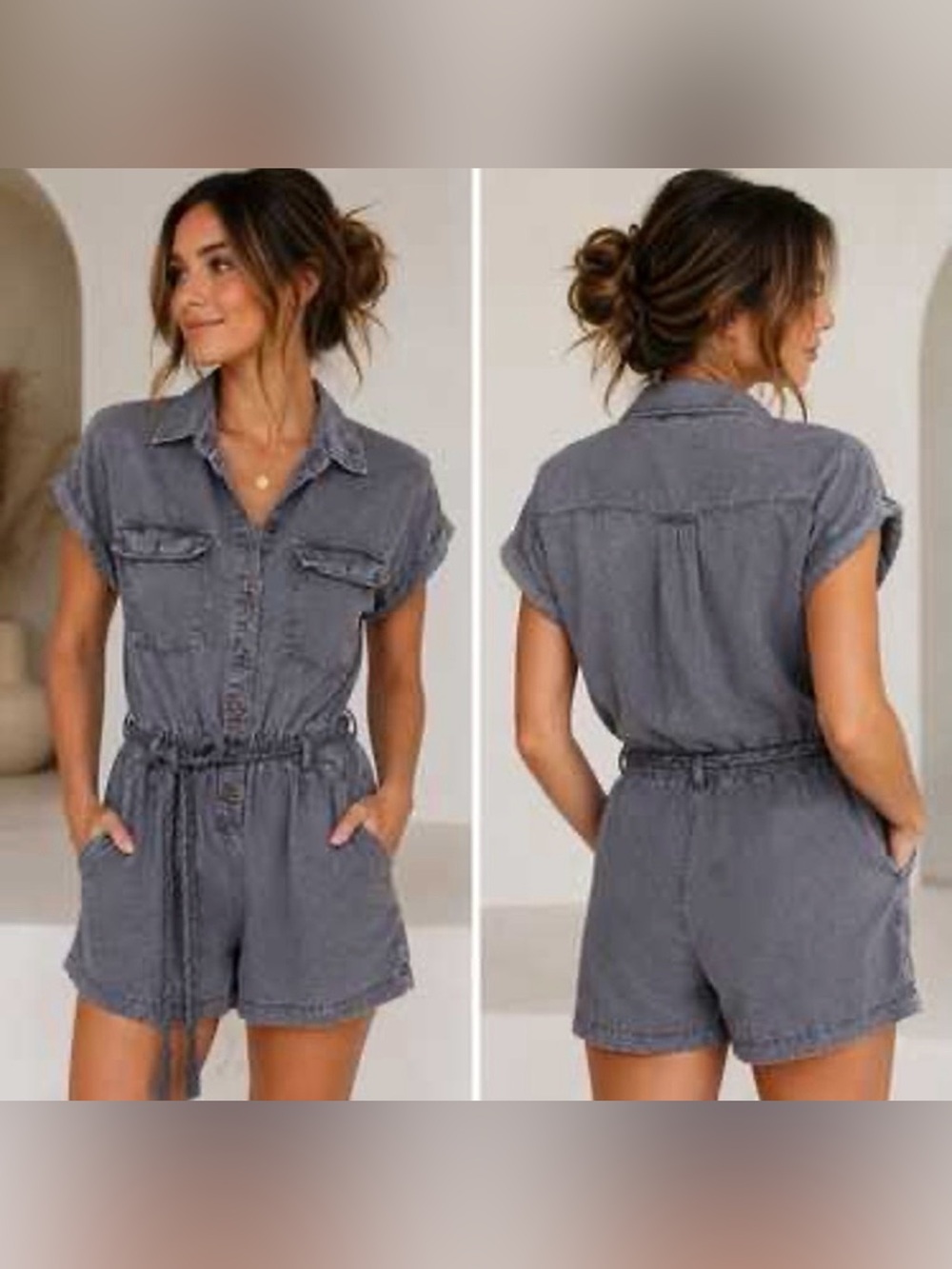 Nicole Miller grey linen Lyocell blend short sleeved romper rope belt size small